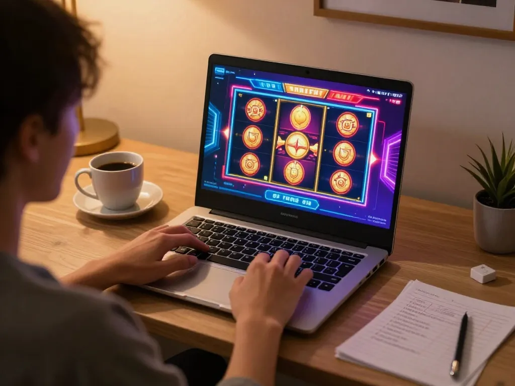 Player enjoying thrilling gtatogel slot games on laptop at cozy home setup, highlighting strategy notes