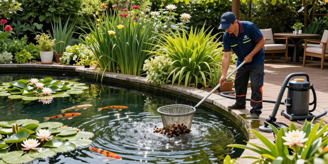 Professional Pond Cleaning Essex service in action, cleaner removing debris from a tranquil pond.