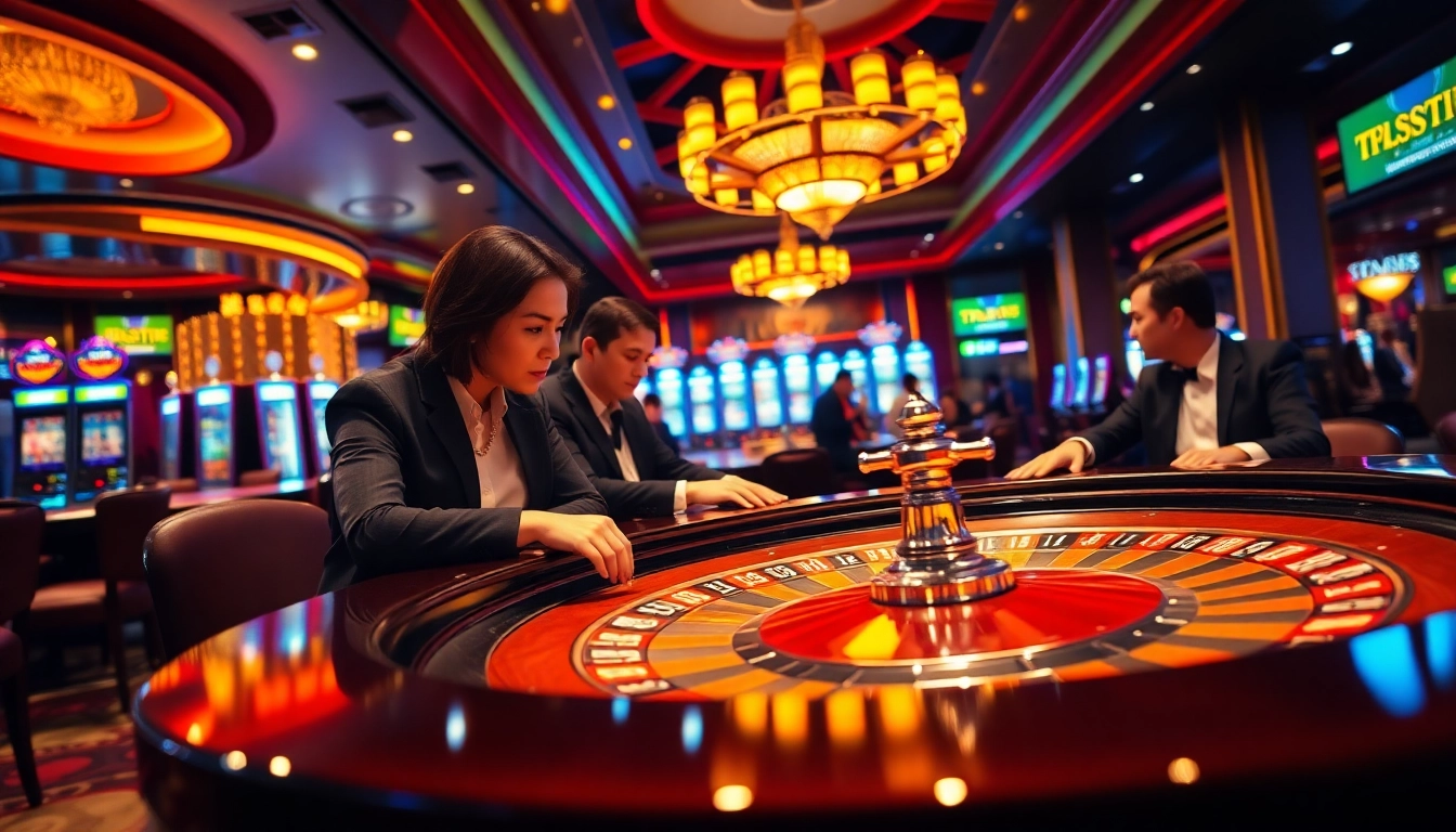 Exciting casino scene featuring players at a roulette table, highlighting TV88 promotions.