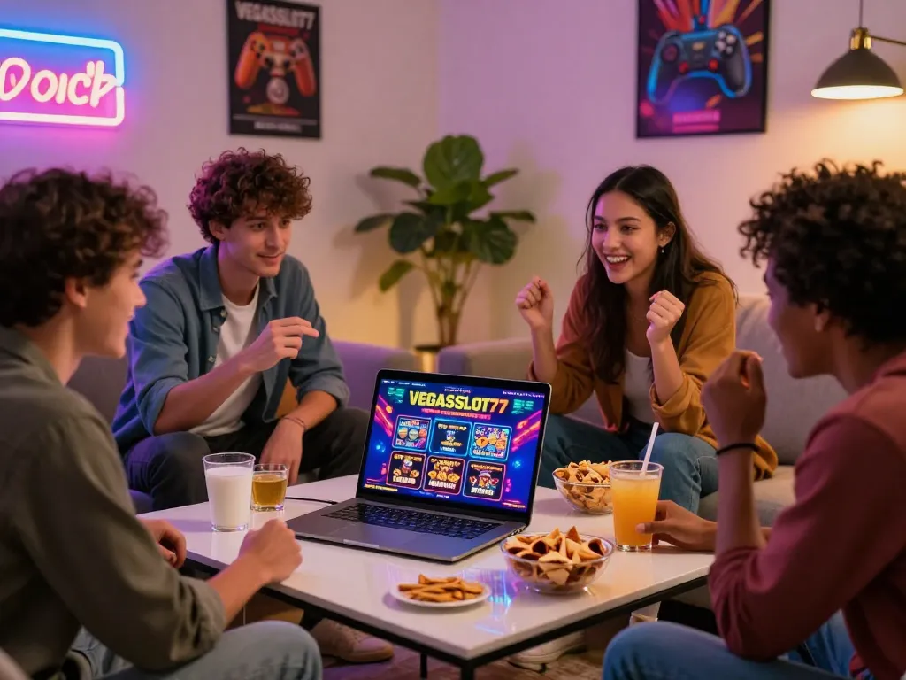 Friends enjoying an exciting gaming night at home with VEGASSLOT77 visible on the laptop screen.