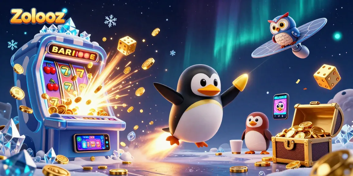Zolooz presents a rocket-powered penguin navigating a dazzling, coin-filled casino universe