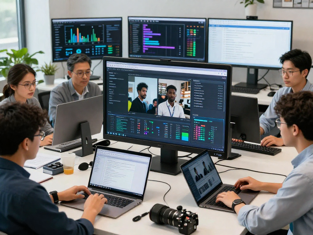 Team analyzing flagged content with the ai image detector in a modern office.