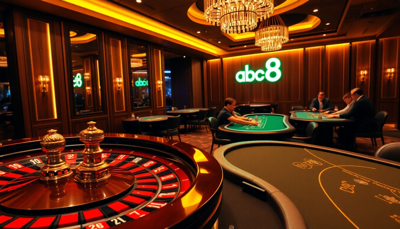 Experience the thrill of ABC8 casino games with vibrant roulette and poker tables.