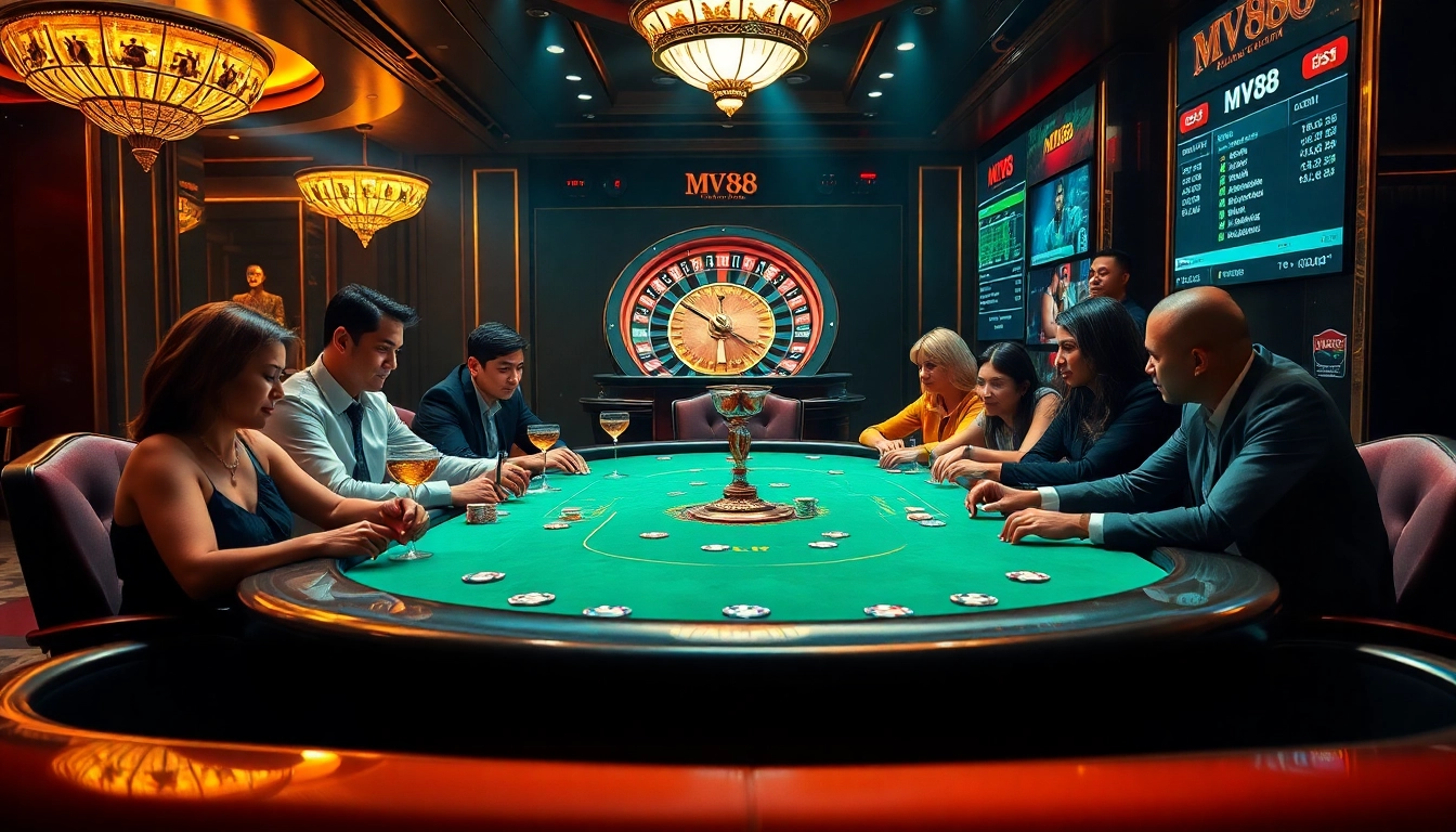 Players enjoying poker at an upscale casino with vibrant MV88 betting visuals.