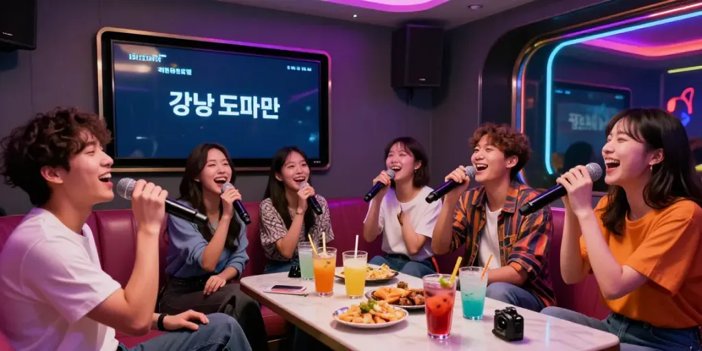 강남 도파민 가라오케에서 친구들과 함께 즐거운 순간을 보내는 모습입니다.