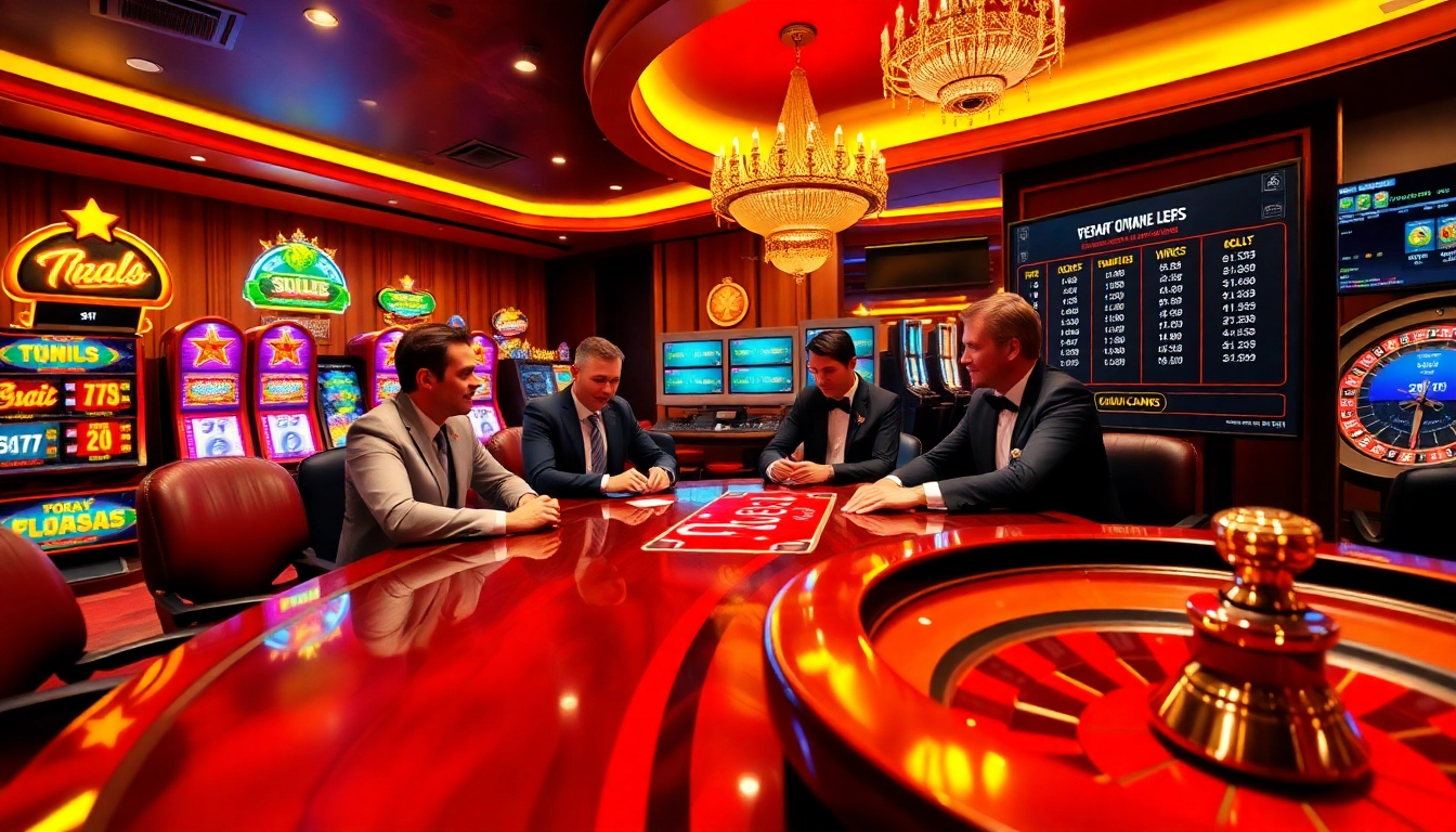 Players enjoying poker at 222bd club in a luxurious casino setting with vibrant slot machines.