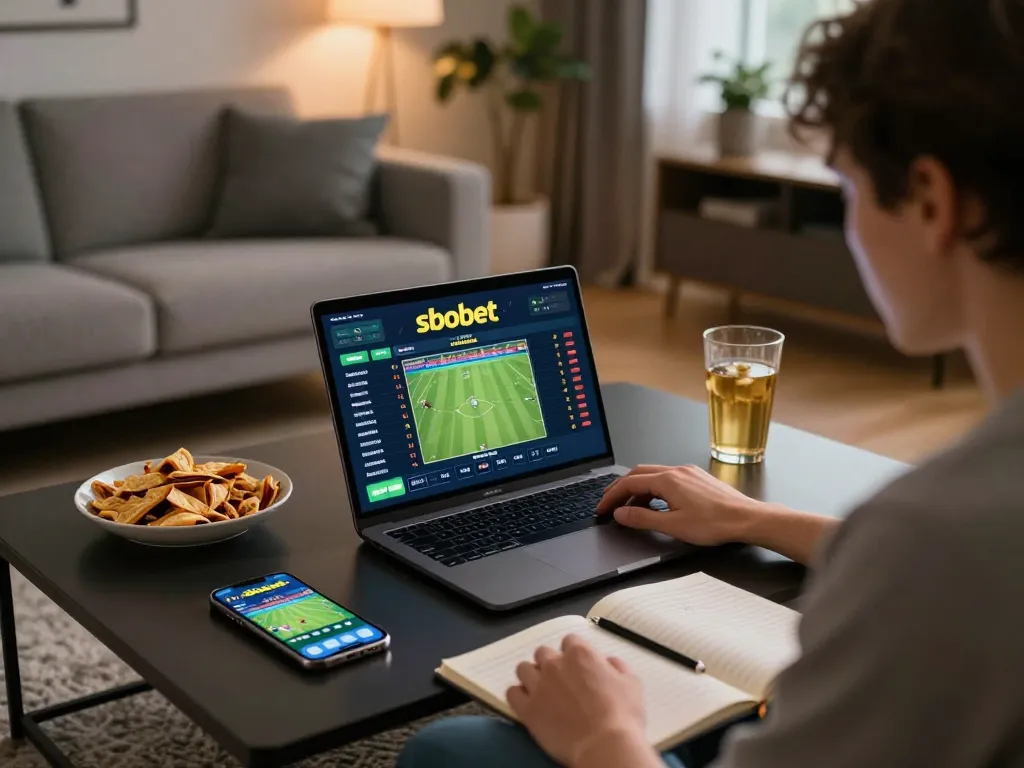 Engaging in sbobet sports betting from a cozy home setup with betting odds visible