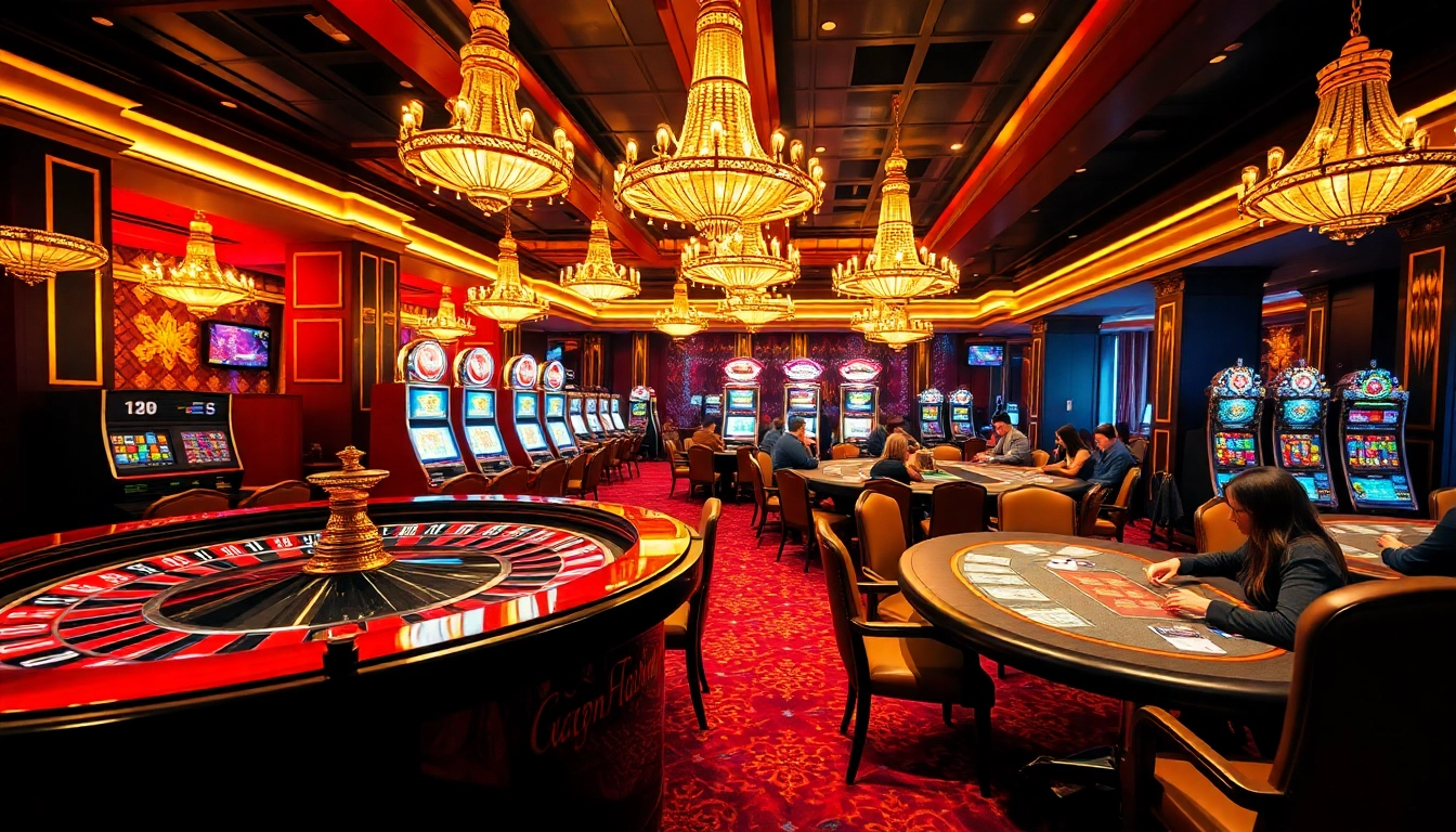 Exciting gaming scene at nhà cái thabet, featuring players at poker, slot machines, and a roulette table.