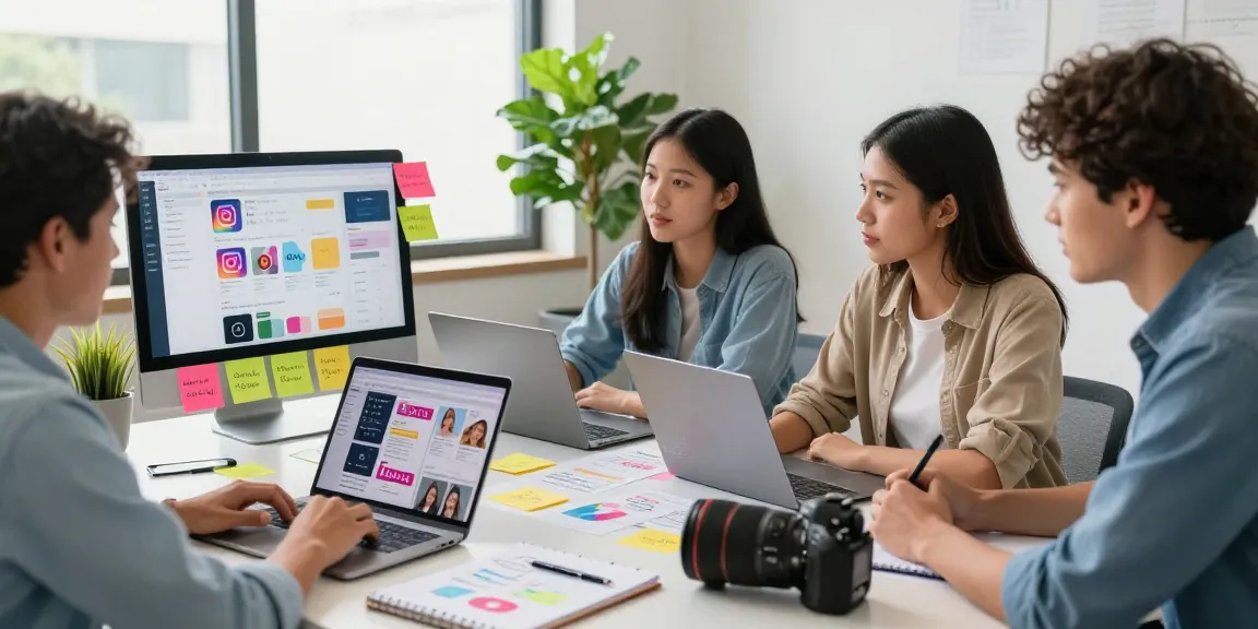 Buy Instagram reel likes through engaging social media marketing teamwork in a vibrant office.