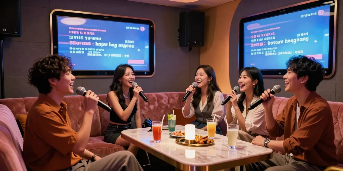 강남쩜오의 프리미엄 가라오케 방에서 친구들이 즐겹게 노래하며 기념하는 모습