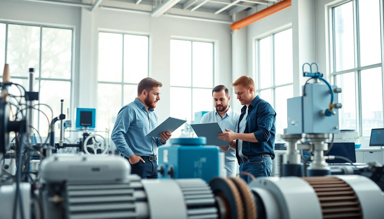Team of engineers using advanced machinery in a bright office space for Approved Engines.