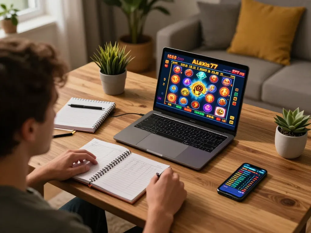 Player engaging with alexis77 slot game on laptop, immersive online gaming setup promoting responsible gambling.