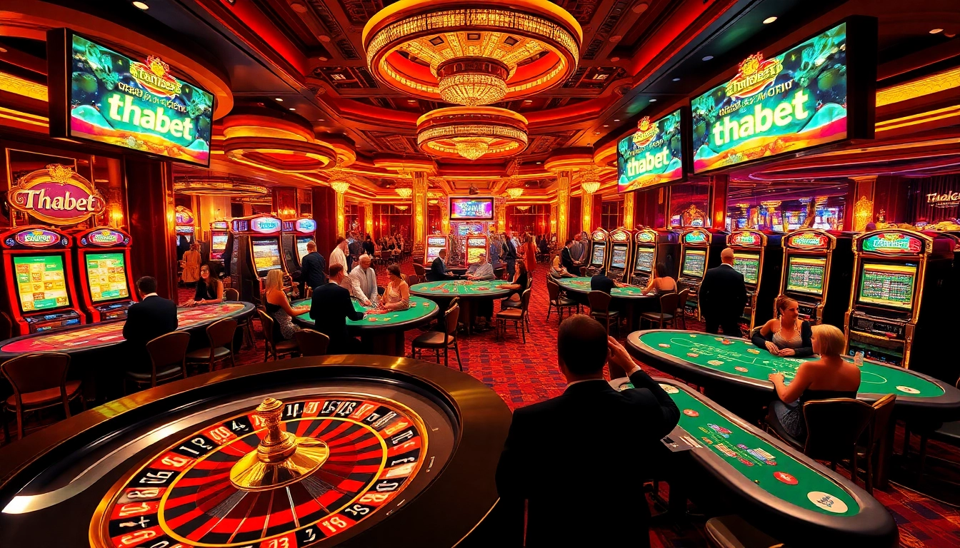 Engage in thrilling gameplay at thabet, showcasing casino excitement with poker, roulette, and slot machines.