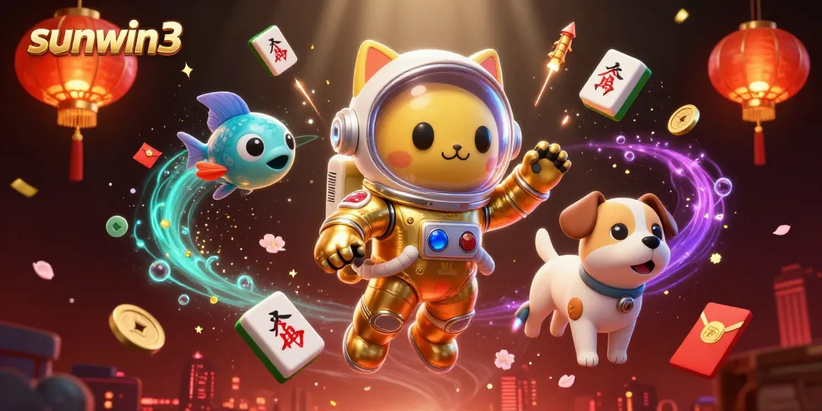 Engage with sunwin3 as a 3D cartoon cat astronaut and dog explore cosmic game elements amidst vibrant visuals.