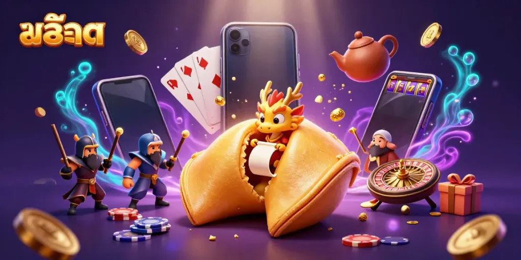 Experience สล็อต with a glowing dragon reading fortune inside a golden cookie, surrounded by exciting casino elements.