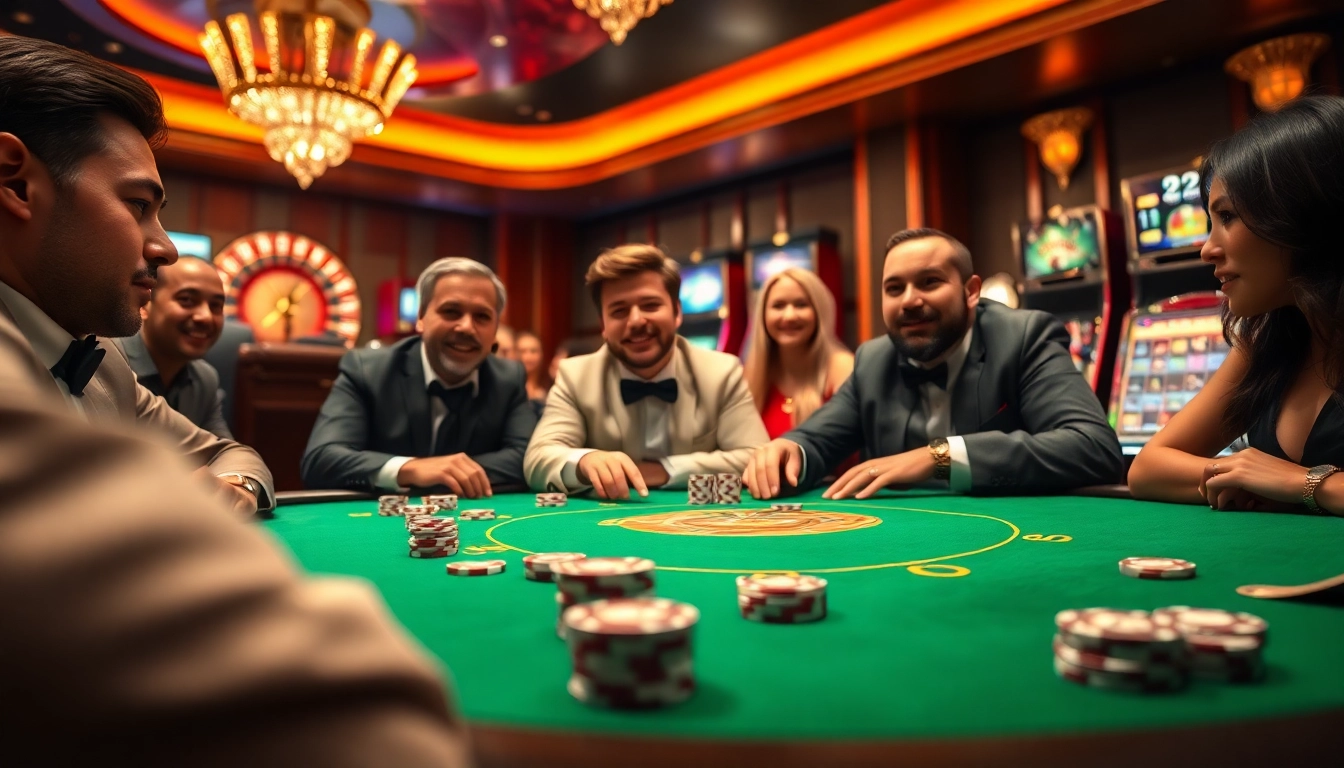 Exciting LUCK8 casino scene with poker table, roulette wheel, and lively gamblers.