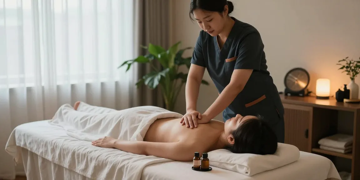 두정동마사지 치료 중인 고객과 마사지사, 아늑한 스파 환경