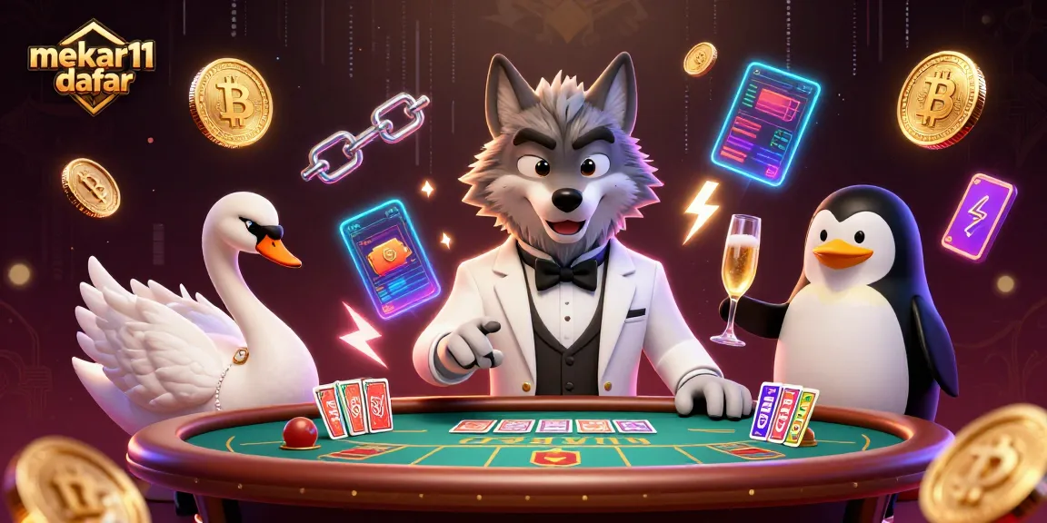 Mekar11 daftar presents a lively casino scene with a wolf, swan, and penguin amidst vibrant crypto elements.