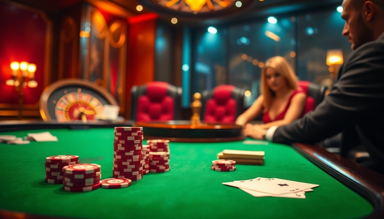 Jeu intense dans un casino en ligne, mettant en avant des jetons de poker, des cartes et une roue de roulette.