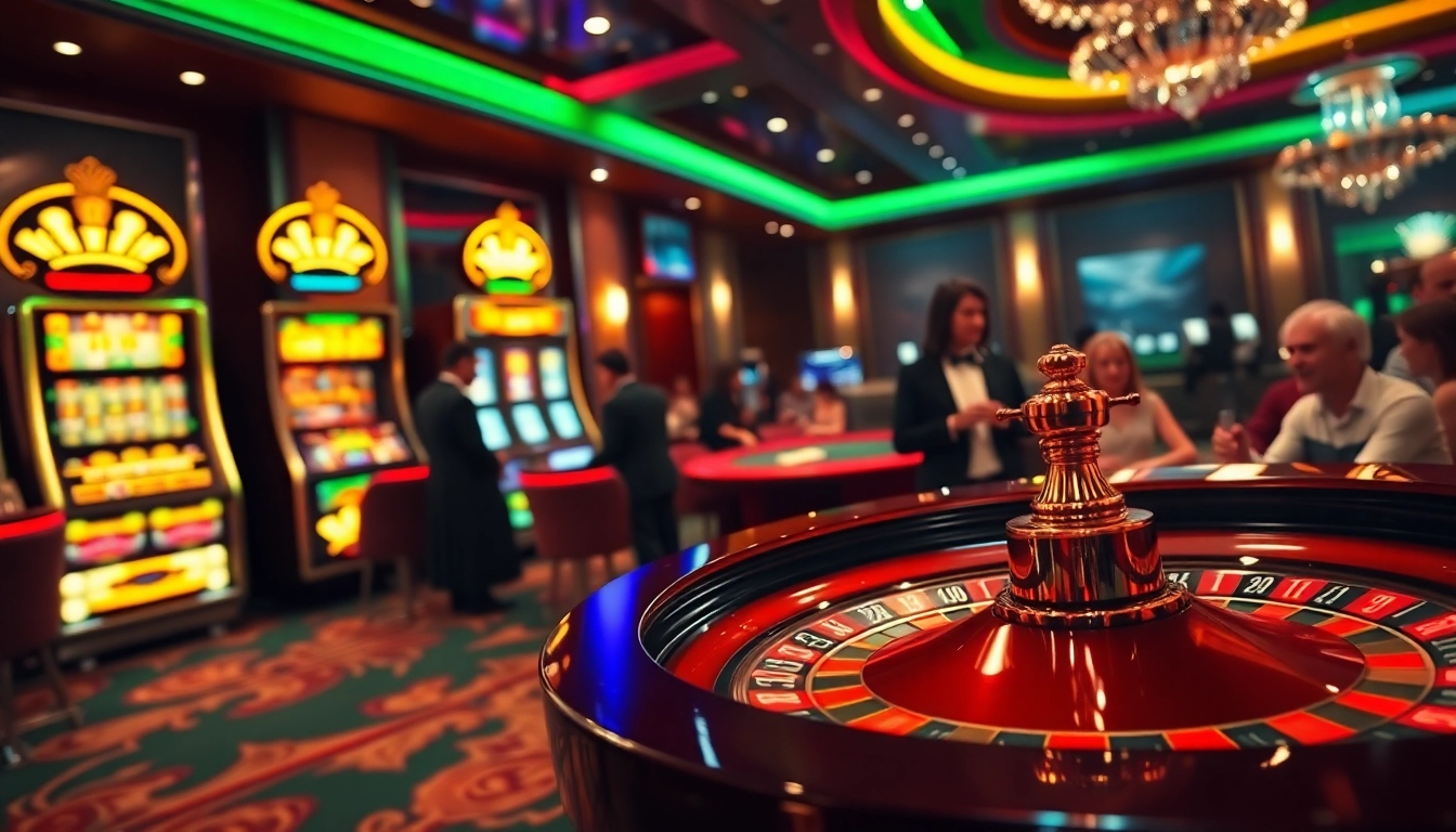 Engaging casino scene showcasing apk jaya-themed gaming excitement with roulette and slots.
