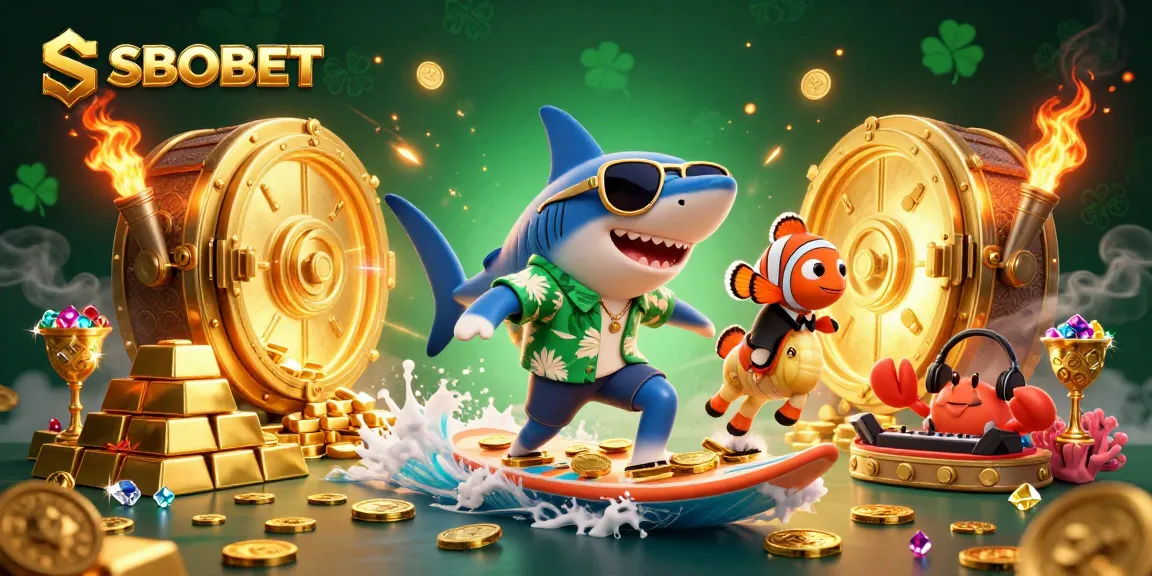 SBOBET enhances excitement with a hammer-head shark surfing gold coins surrounded by casino treasures.