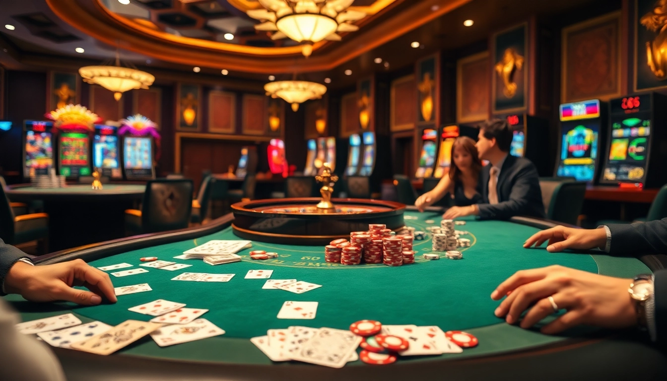 Joueurs engagés profitant des jeux de casino en ligne à une table de casino luxueuse.
