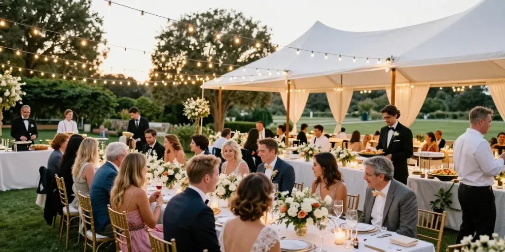Event rentals setting showcasing elegant tables, floral décor, and happy guests at a luxury outdoor wedding.