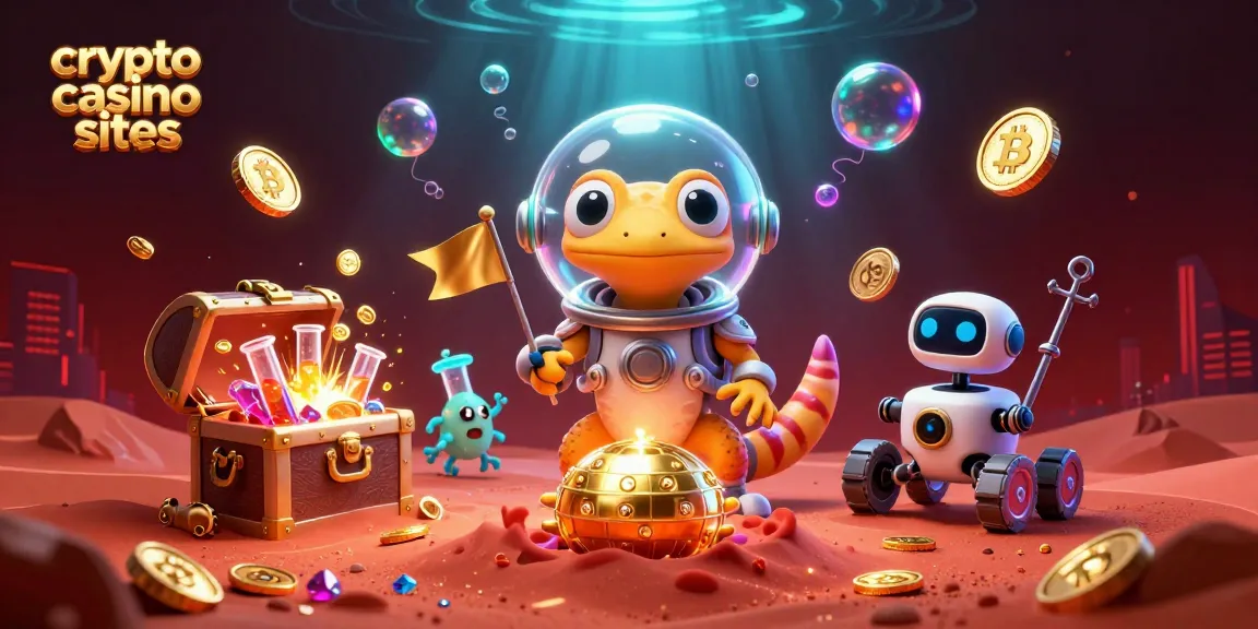 Scopri i siti di crypto casino con una vibrante mascotte aliena mentre esplorano un casinò d'oro.