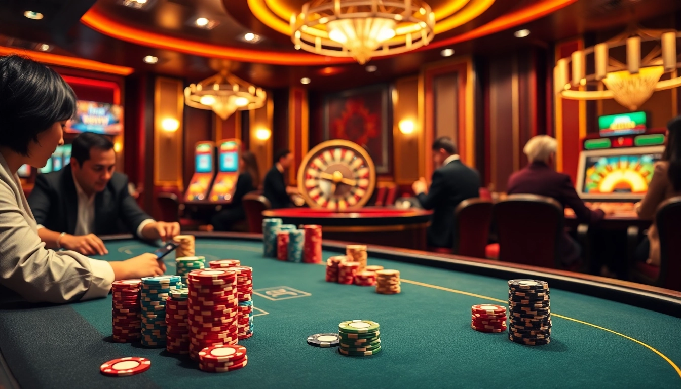 Players engaging in a thrilling game at f168 casino, surrounded by poker chips and vibrant slot machines.