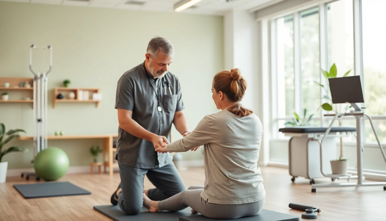 Seventeen Physio professional physiotherapist aiding a patient in a bright, modern clinic setting.
