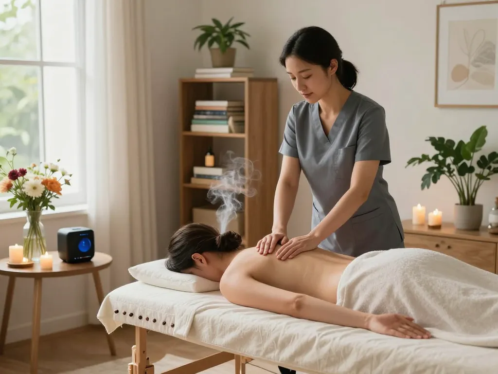 Therapist providing a soothing massage at home, highlighting https://www.maxim-anma.net premium wellness services.