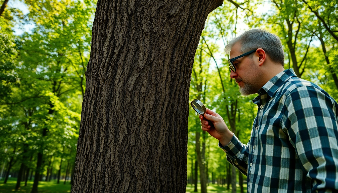 Black Mountain Tree Consultancy expert inspecting tree health in a vibrant forest.