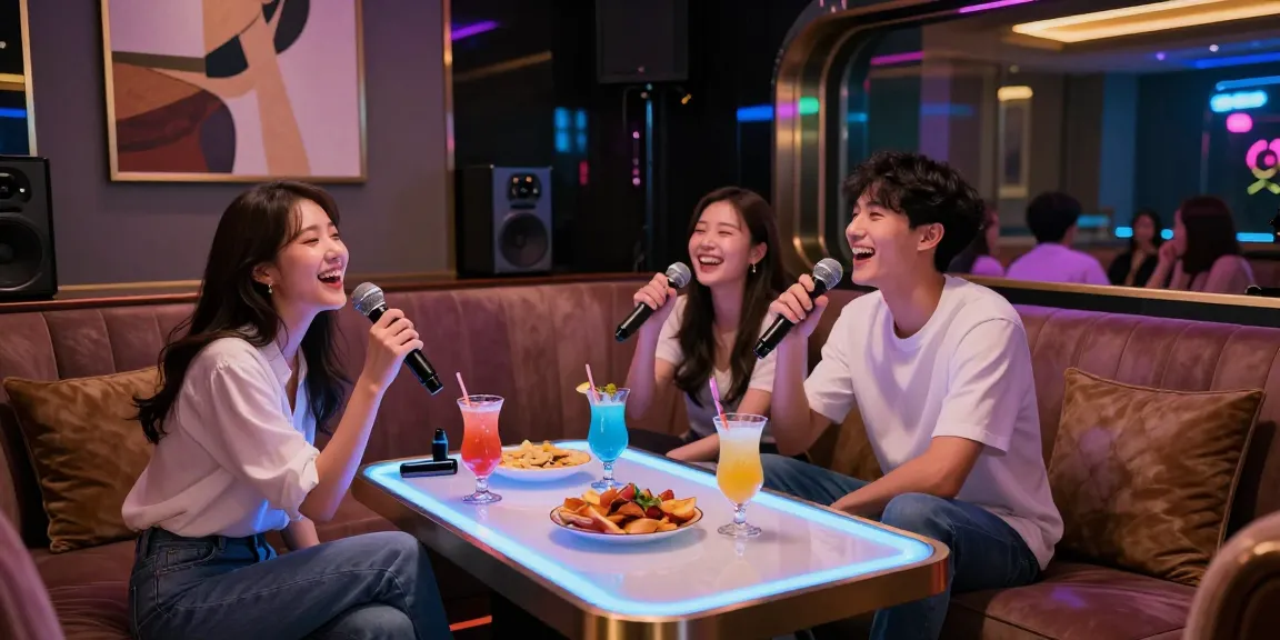 강남구구단에서 친구들과 즐거운 시간을 보내는 모습, 고급스러운 분위기의 노래방 내부
