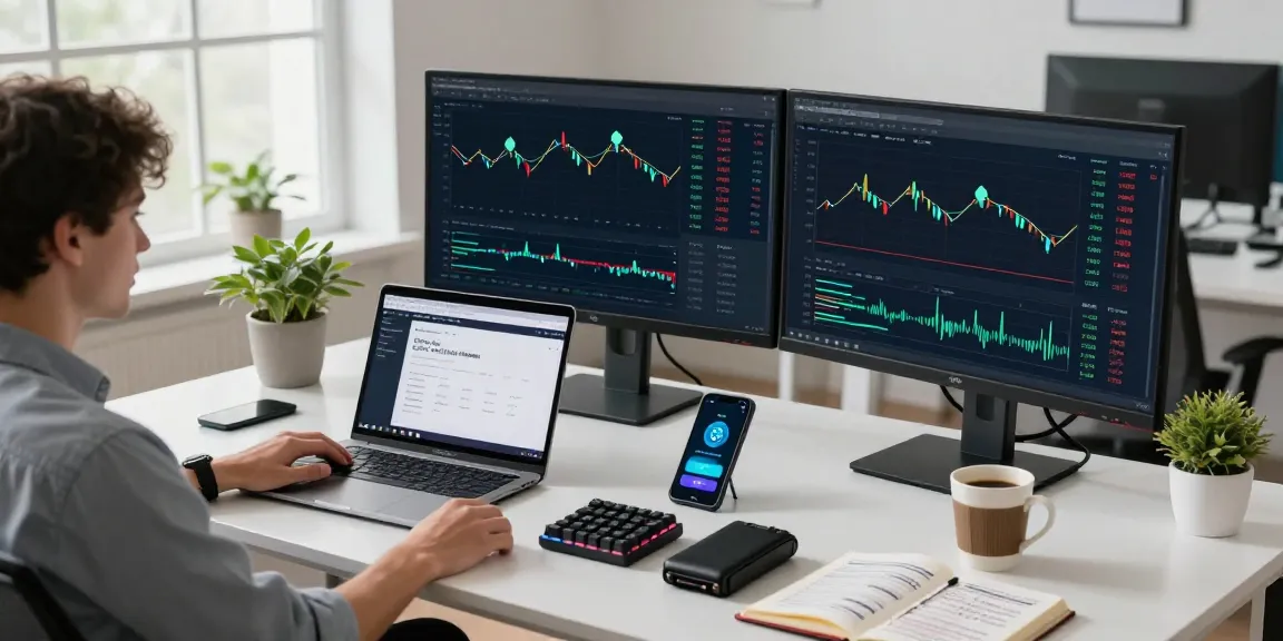 Cloud mining site statistics displayed on multiple monitors in a modern cryptocurrency trading office with ergonomic setup.