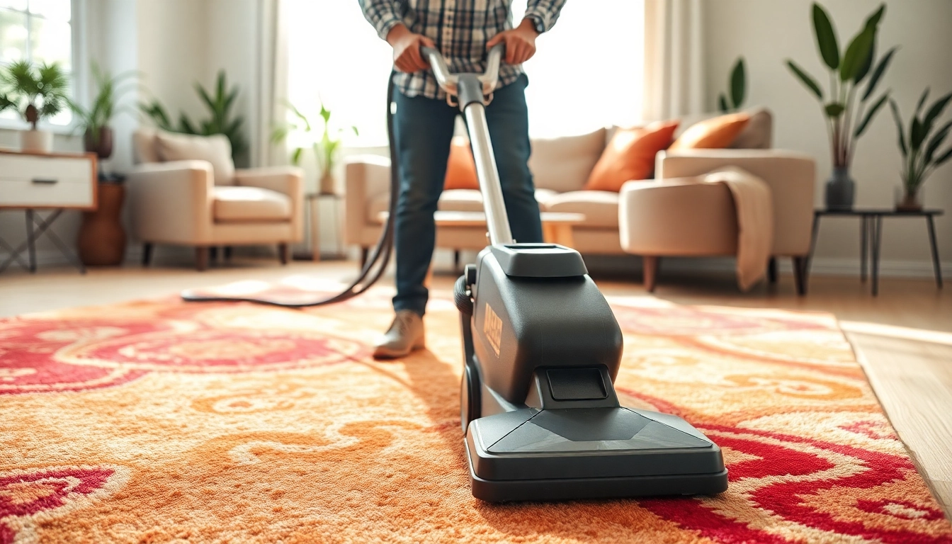 Professional carpet cleaners lincoln ca efficiently cleaning a vibrant area rug in a bright living room.