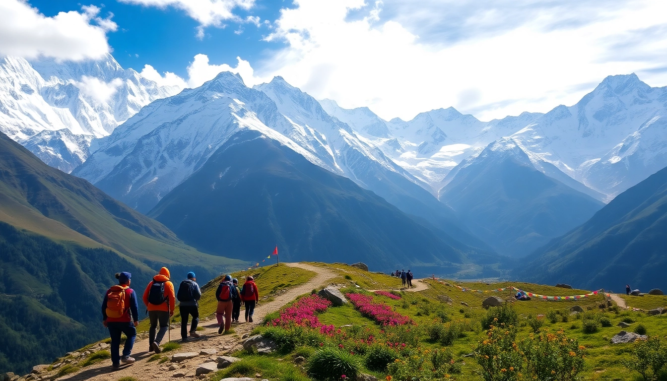 Manaslu trekking through stunning Himalayan landscapes with trekkers and colorful prayer flags.