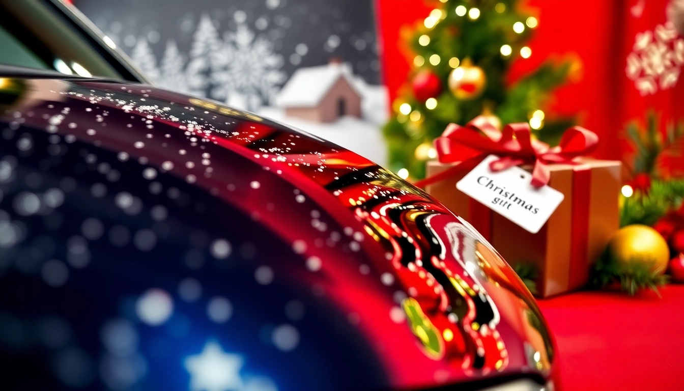 Celebrate the season with a Christmas car detailing gift showcasing a gleaming car and festive decorations.