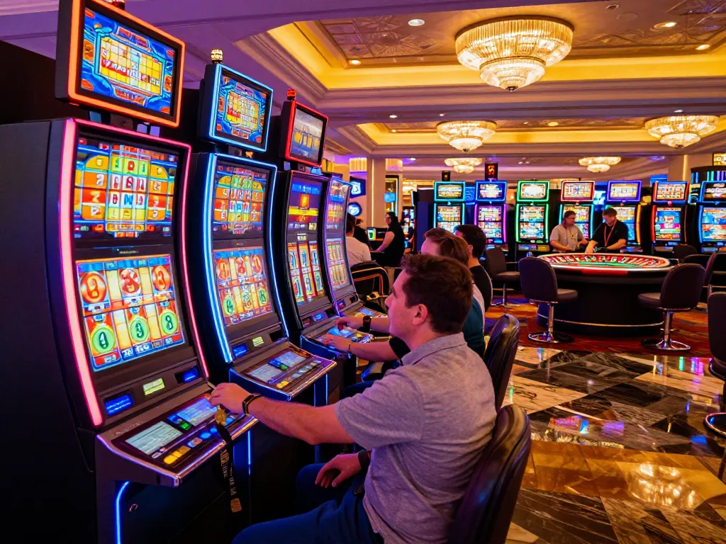 Excited players engaging with MB88 themed slot machines in a vibrant Las Vegas casino