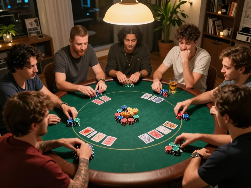 3Win players enjoying a lively home poker night, focusing on chips and cards in a friendly atmosphere.