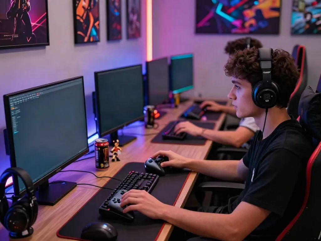 Gamer engaged in intense gameplay on ORION88, surrounded by vibrant gaming setup elements.
