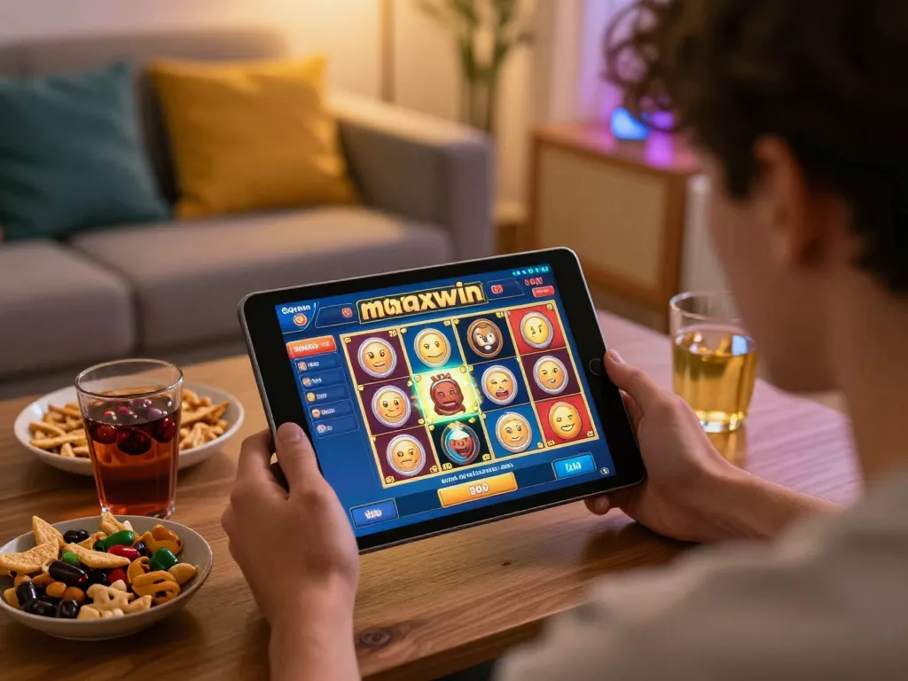 Player engaged in slot gacor maxwin online gaming featuring a jackpot winning screen, cozy home setting.