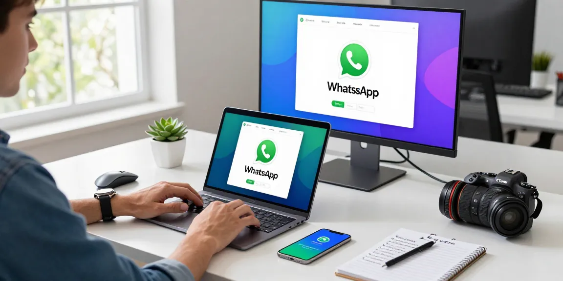 WhatsApp下載 tutorial scene with an office setup showing a person downloading the app on various devices.