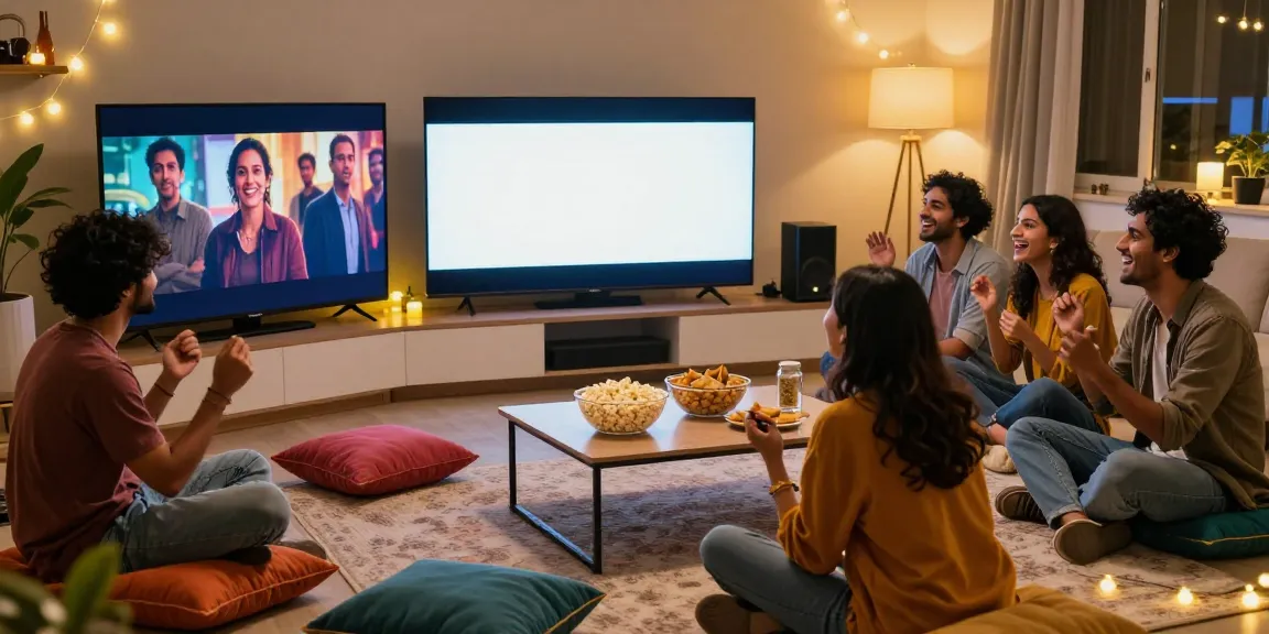 Friends enjoying an uncutmasti movie night with snacks and laughter.