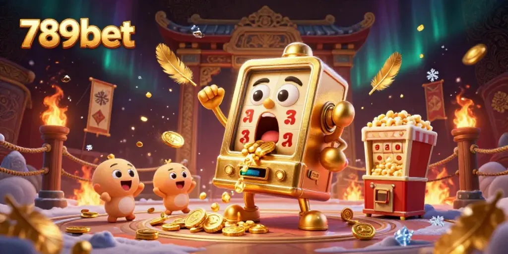 Watch the 789bet golden slot machine celebrate as it hits a jackpot amidst swirling gold coins in a vibrant casino scene.