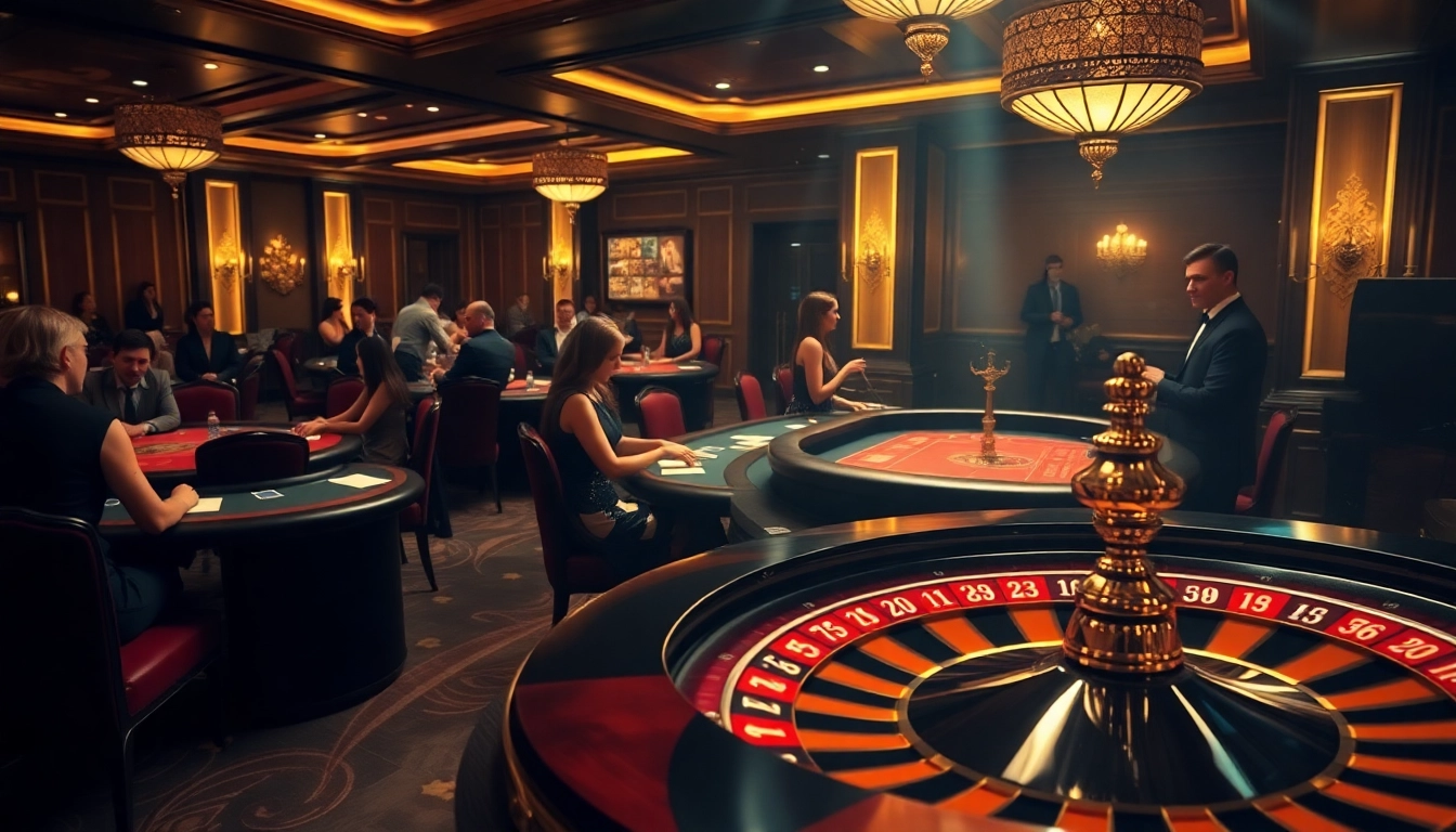 Engaging scene of a luxurious casino with players enjoying high-stakes games at GO8, featuring poker tables and roulette.