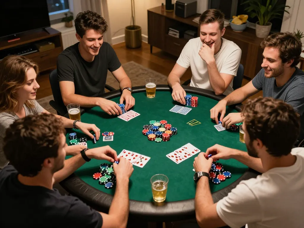Friends enjoying poker night with a vibrant atmosphere while using the https://socolivees.tv/ platform for streaming options.