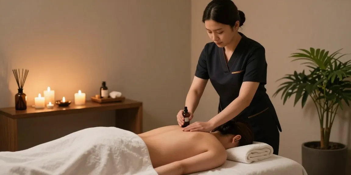 1인샵에서 아로마 오일을 사용하는 마사지 치료사와 편안한 분위기