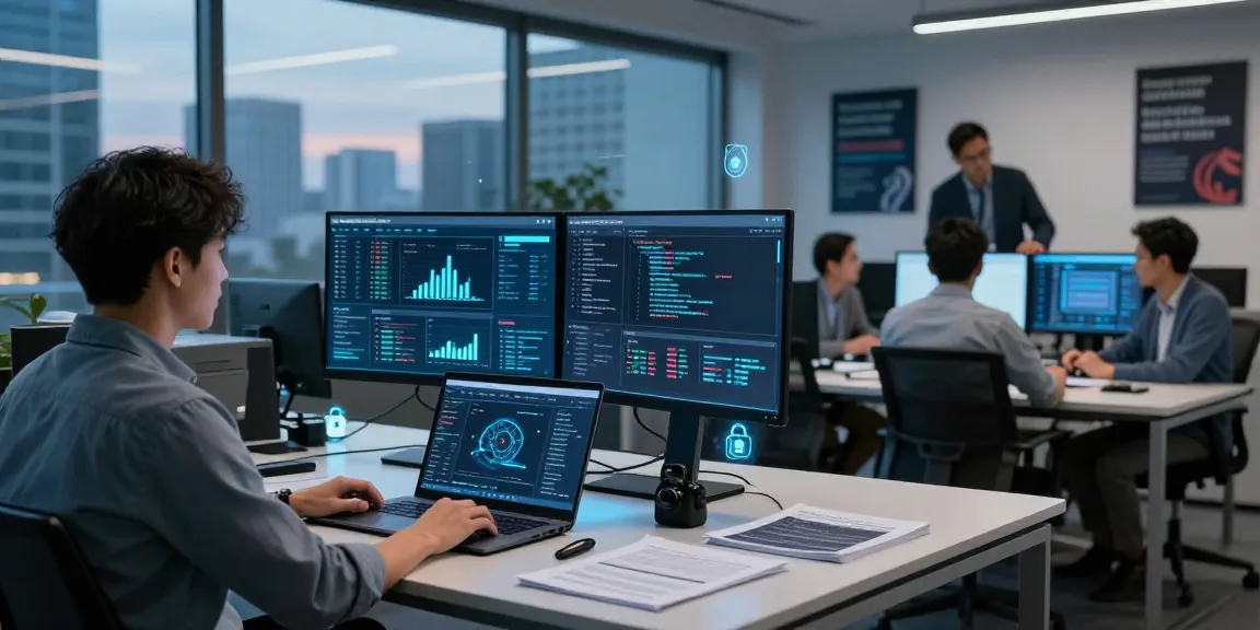 Cybersecurity analysis at shs-dome5.com office with team monitoring live data.