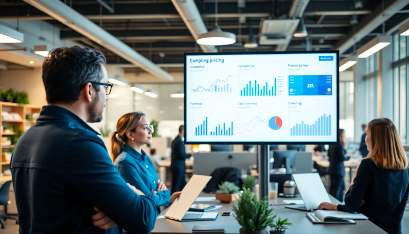Analyze competitor pricing insights in a dynamic office environment featuring a presentation.