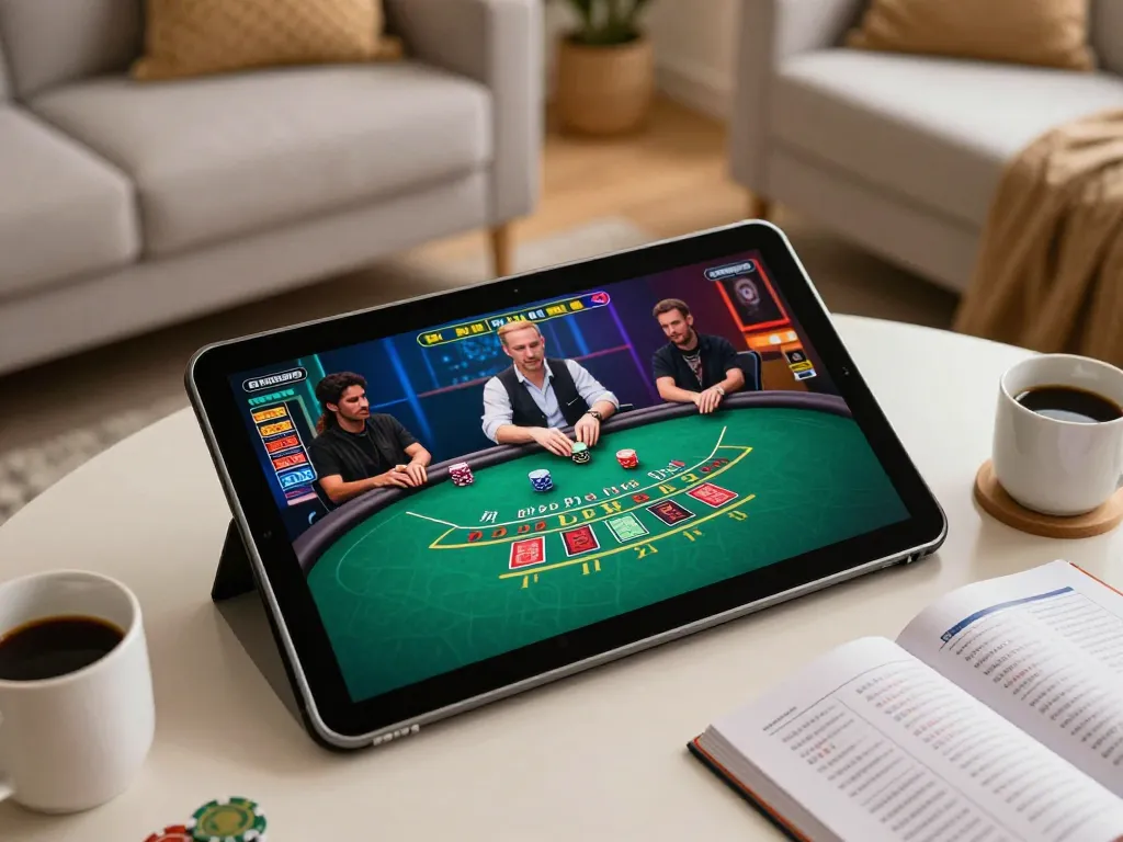 vt88 players engaging in a live dealer blackjack game on tablet in a cozy setting